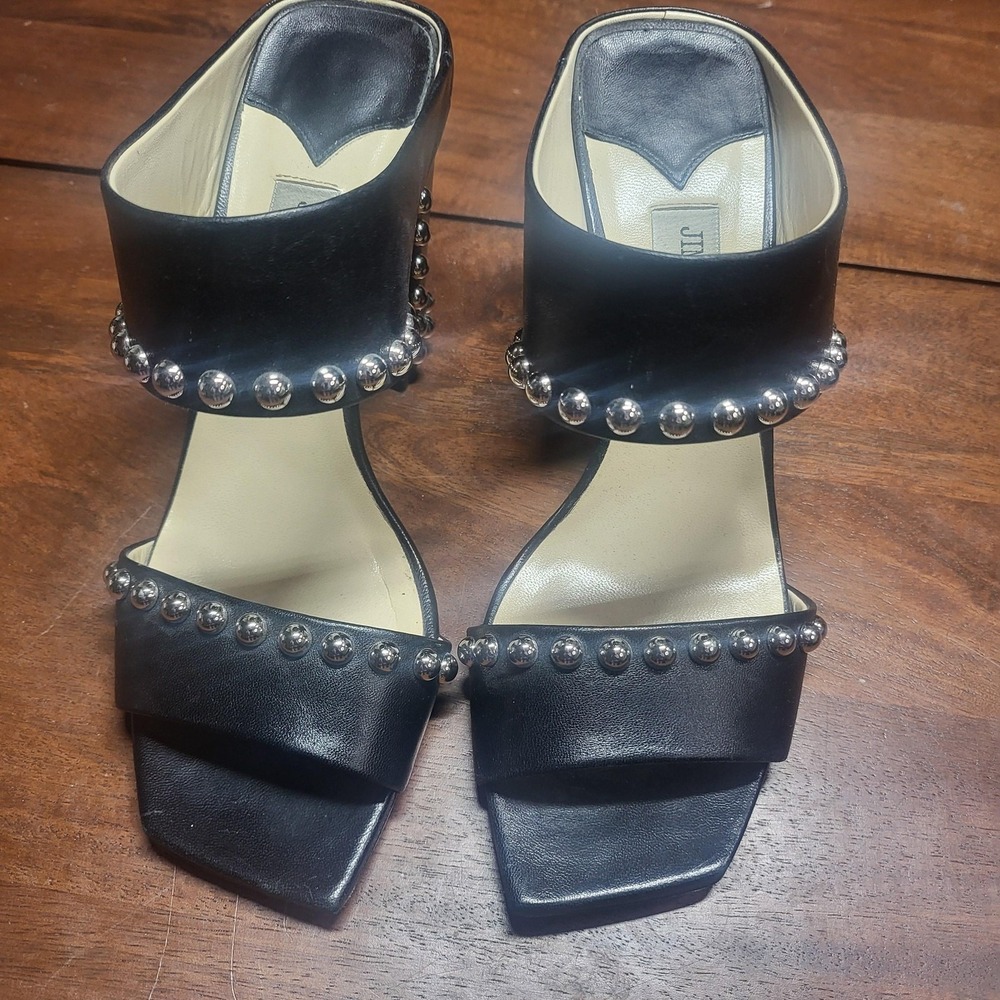 Jimmy Choo Sandals Womens Size 7.5‎ 38 Black Leather Studded Block Heel Slide
